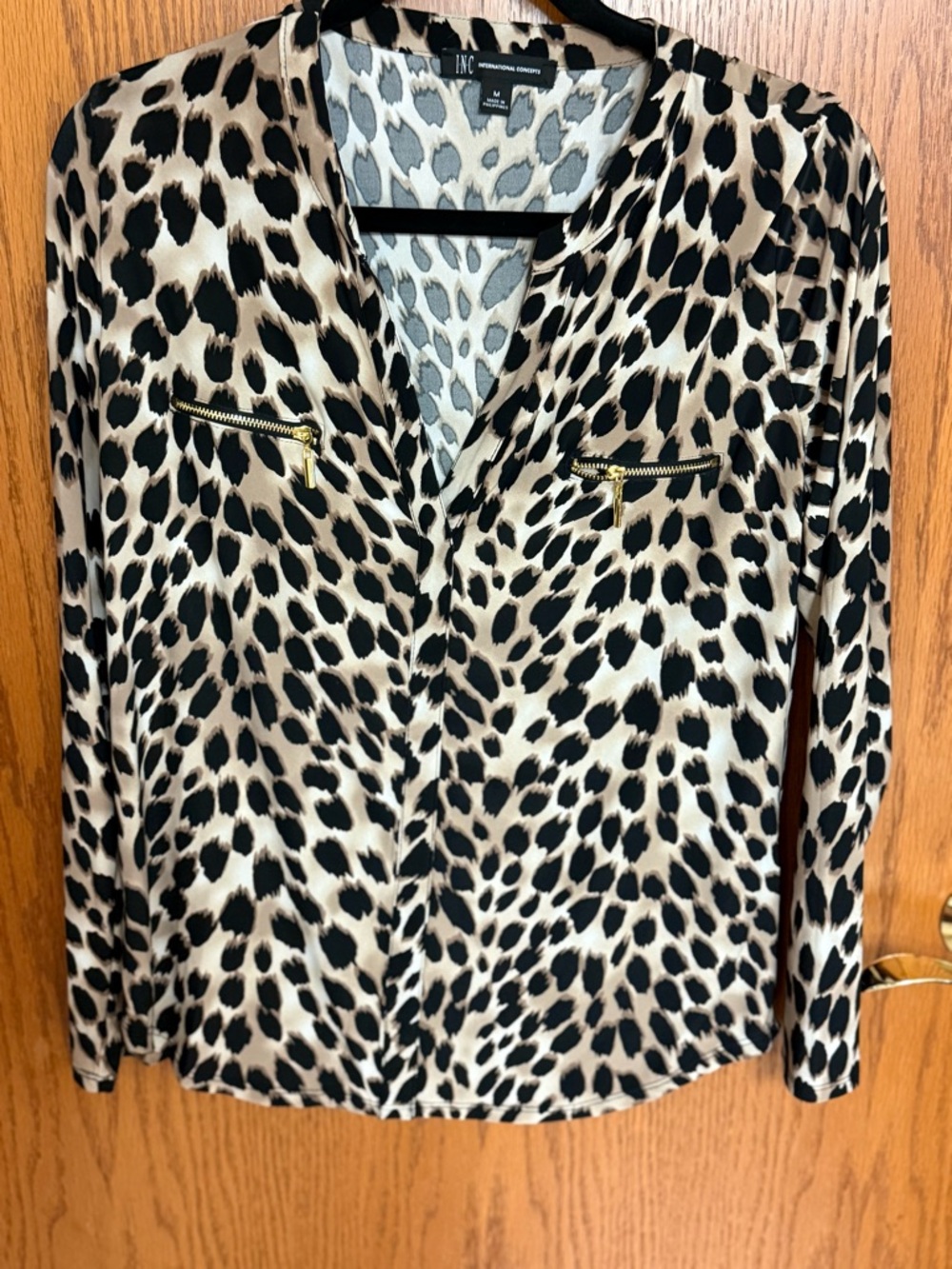 INC International Concepts Cream and Black Leopard-Print Blouse